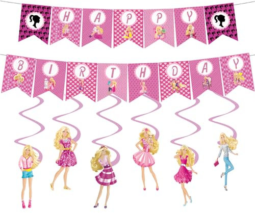 Barbie 14Pcs Birthday Decorations - Bunting Garland, Happy Birthday Banner & Swirls Theme Party Decor