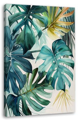 Lot de 3 feuilles tropicales - Art mural - Feuilles de palmier vert aquarelle - Poster Monstera - Plante tropicale - Art moderne - Décoration d'intérieur (SKU1 x 12 pouces = 20 x 30 cm) - Cadre en
