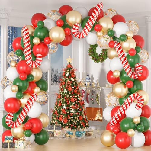Kit Arco Palloncini Natale - 112 Pezzi Ghirlanda Di Palloncini Natalizi con Palloncini Rossi Palloncini Verdi Palloncini Oro e Bianchi, Albero Di Natale Palloncini per Decorazioni Di Natale Festa