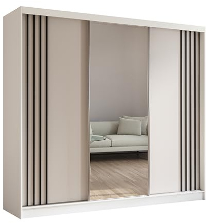 Margaret Hadas24 Kleiderschrank mit Lamellen und Spiegel, Organizer, Mehrzweckschrank, Schwebetürenschrank, Garderobenschrank, Kleiderstange, Kleiderständer, Flurschrank, 240 cm, weiß, schwarz