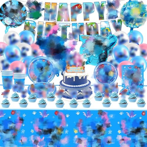 Birthday Party Decorations, 99PCS Party Tableware Set Party Supplies Blue Balloons Character Birthday Decorations Cake Toppers Napkins Birthday Banner Plates Cup Dog Party Tableware