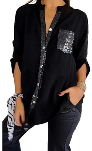 DAMYTION Cotton V-Neck Sequin Mid-Sleeve Casual Top Glitter Sequin Pocket 3/4 Short Sleeve Women Button Up Blouse Tops Casual (Black,L)