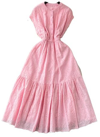 CAEITLRSO Robes Imprimées pour Femmes - Robe De Style Palais Français pour Femmes, Robe Longue D'Été Creuse sans Manches, Taille Haute, Ourlet Plissé, Robe De Bal Trapèze, Robe De Soirée, Rose,