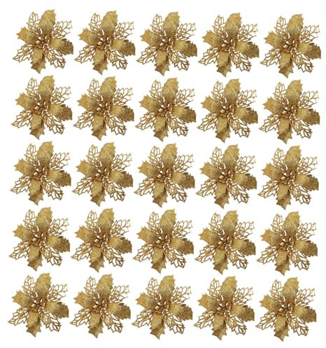 ULDIGI 20St Hohle künstliche Weihnachtspflanzen Weihnachtsstern Christbaumschmuck weihnachtsdeko künstliche blüten Glitzer imitierte weihnachtsgirlande dekor Plastik Golden