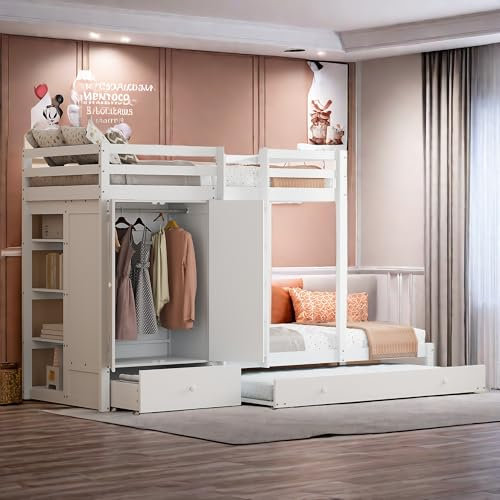 Sapgaks Litera 90x200 con cajones, cama gigante, cabaña, armario, entrepiso de 2 plazas, barrera, escalera y almacenamiento, color blanco