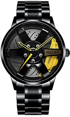 Herren-Armbanduhr aus Edelstahl, mit drehbarem Autofelgennaben-Design, Sportuhr, 3D-Hohlrad-Design für Männer und Jugendliche, gelb