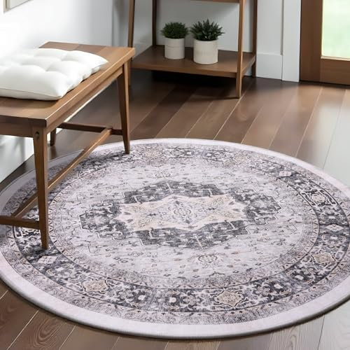 Carvapet Waschbar Rund 150cm Rutschfest Dünner Teppich Grauer Retro Medaillon für Wohnzimmer Schlafzimmer