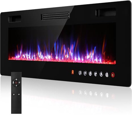 Awjaisca Wall Mounted Electric Fire With 12 Flames Color Led Light,Recessed Or Semi-Recessed Wall Mounted Electric Fireplace,Ultra-Thin Flame Brightness Adjustment Electric Fireplace black 50inch