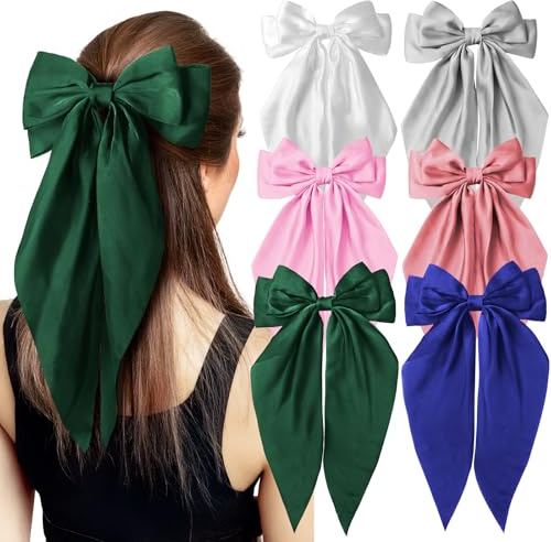 Lot de 6 nœuds à cheveux pour femme - Rose, blanc, bleu roi, gris, vert foncé - En satin soyeux - Avec longue queue - Accessoires pour cheveux - Cadeau pour filles