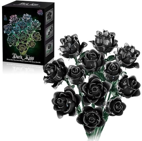 Black Roses Bouquet Building Blocks Set, Artificial Flowers Decorative Blocks Kit, Gothic Home Decor for Adults