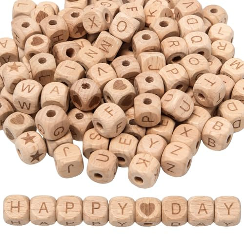 Keboyoe 116 Stück Holzbuchstaben Perlen Set 12 mm Buchstabenperlen Eckig Holz A-Z Alphabet Holzperlen Mit Buchstaben Zum Auffädeln Herz-Sterne Holzperlen für Armbänder, Halsketten, DIY Basteln