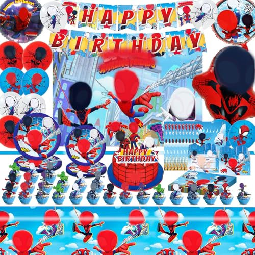 Spider-ma Geburtstag Deko,109Pcs Partygeschirr,Luftballons,Geburtstagsdeko Haben Tischdecke,Latex Balloons etc,Party für Kinder Geeignet