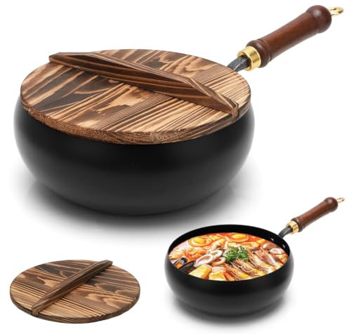RANJIMA Eisenpfanne Ohne Beschichtung, Japanische Eisenpfanne, 24cm handgeschmiedeter Eisen-Bauchtopf, Bratpfanne Gusseisen mit Holzdeckel, Eisenbratpfanne, Antihaftpfanne, Japanische Pfannen