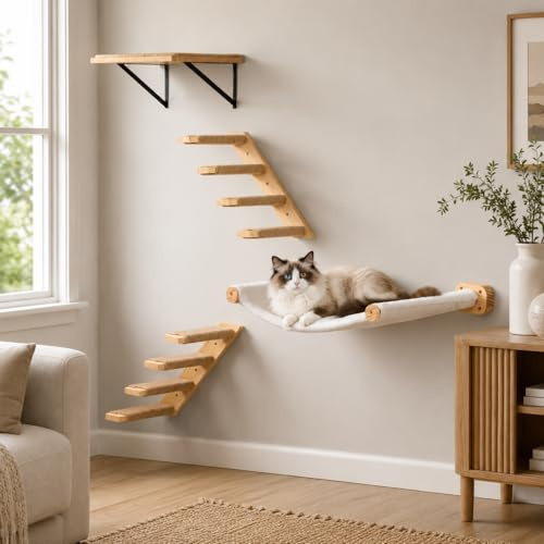 PELUOMOZ Katzen Wandmöbel Set 4-teilig, Hängematte mit Holzstufen | 4-teiliges Katzen Wandmöbel, Hängematte mit Plüsch und Canvas Seiten, Holz Liegefläche und Stufen, stabile Montage