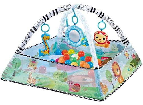 Baby Spieldecke mit Spielbogen im Dschungel-Design, ideal für die Bauchlage, mit Bällebad, 20 Bällen und sensorischem Zubehör.