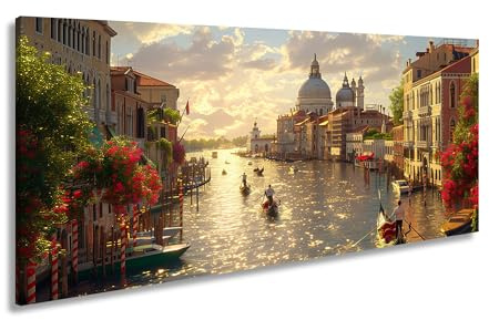 Leinwandbild Glänzendes Venedig im warmen Abendlicht Panorama 100x50cm XXL Kunstdruck Bild auf Keilrahmen/Wandbild/Wohnzimmer Dekoration