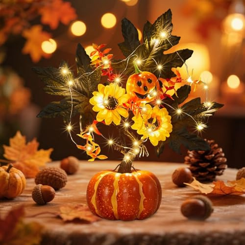 Herbstdeko Kürbis Ahornblatt Lichterbaum, Herbst Deko Kürbis Ahornblatt Sonnenblume Baum mit 2m LED Lichterkette, Herbst Tischdeko Kürbisse Deko Lichter, Kürbisdeko Ornament für Erntedankfest (B)