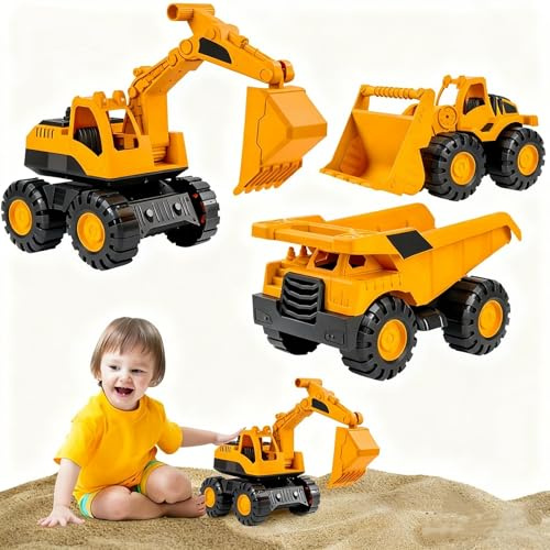 3 Stück Sandspielzeug Bagger Sandkasten Set,Baustellenfahrzeuge Kinder mit Bagger Kipplaster Kippwagen,Reifen aus Softmaterial,Spielstabil Sandspielzeug ab 1-5 Jahr Mädchen Junge Sommerspielzeug (01)