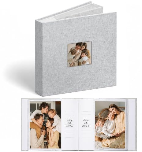 Vienrose Album Photo 6x4 en Lin avec Fenêtre, 48 Pochettes Pages Sans Acide avec Zone Mémo, Cadeau pour Mariage, Naissance, Anniversaire, Livre de Mémoire pour Famille et Bébé (Gris)