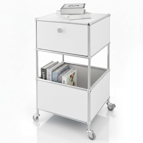 Floordirekt Regal, Metallregal, Beistelltisch, Rollcontainer - Weiß, Chrom, 75Hx40Bx40T cm - Metall Regal für Wohnzimmer, Büro, Flur - Concept Epure MK-145