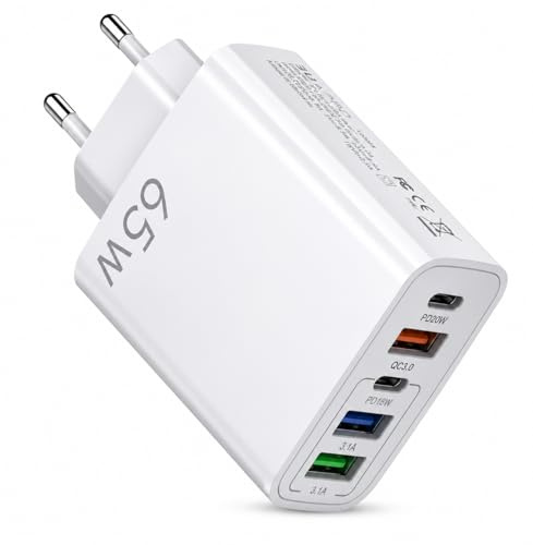Caricatore USB 65W Ricarica Rapida, 5 Porte USB-A e USB-C PD QC3.0, Caricatore Multiplo Universale per Smartphone, Tablet, Laptop – Compatto e Portatile per Casa, Ufficio e Viaggi