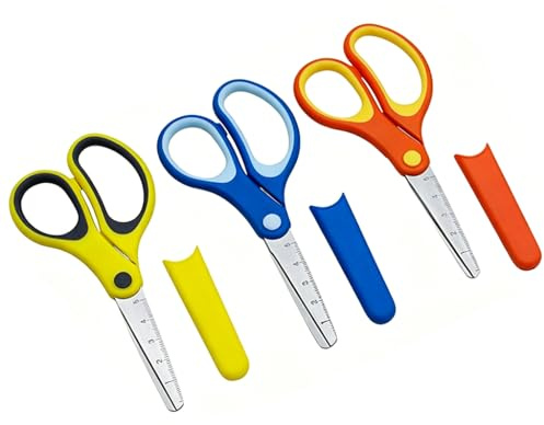 3 Stück Set Schere mit Skala, Bastelschere für Schule und Zuhause, Schere in Orange Blau Gelb, Papierschere für Rechts- und Linkshänder