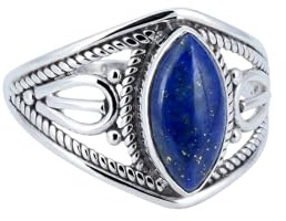 mantraroma Lapislazuli Edelstein Ring Damen 925 Sterling Silber – Vintage Cabochon Schmuck
