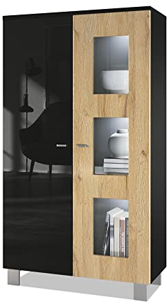Vladon Vitrine Denjo, Made in Germany, Standvitrine mit 2 Türen und 3 Glaseinsätzen, Schwarz matt/Schwarz Hochglanz/Eiche Natur, inkl. LED-Beleuchtung (71 x 129 x 35 cm)