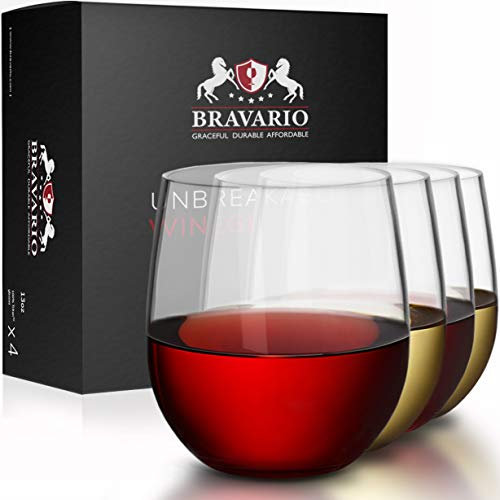 Bravario - Set di 4 bicchieri da vino infrangibili, senza stelo, in plastica Tritan, infrangibili, senza stelo