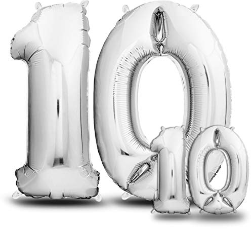 envami® Luftballons 10. Geburtstag XXL Silber - Riesen Folienballon in 2 Größen 40 & 16 - 101cm + 40cm Geburtstagsdeko Set - Vier Zahlen - Ideal als Deko - fliegt mit Helium