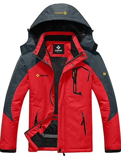 GEMYSE Uomo Giacca da Sci impermeabile montagna Giacche Pile invernale antivento Cappotto con Cappuccio (Rosso Grigio,L)