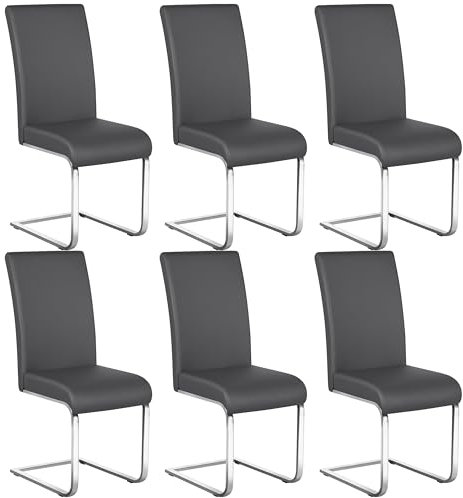 Yaheetech Chaises de Salle à Manger Lot de 6 Chaises Similicuir Chaise de Cuisine Piètement Acier Chromé Revêtement Hauteur Assise 50 cm Gris