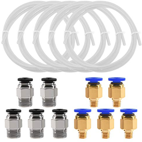 Twotrees 5 PCS (1M) PTFE tubing White Teflon tubingwith 5 PCS PC4-M6 pneumatic connectors and 5 PCS PC4-M10 connector for 3D printer 1.75 mm filament