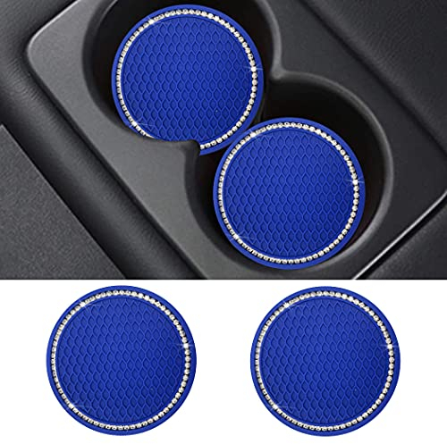 SUNACCL - Sottobicchieri per auto in PVC, con inserto per portabicchieri antiscivolo, con cristalli, accessori interni per veicoli e ragazze, diametro 7 cm, confezione da 2, colore: blu