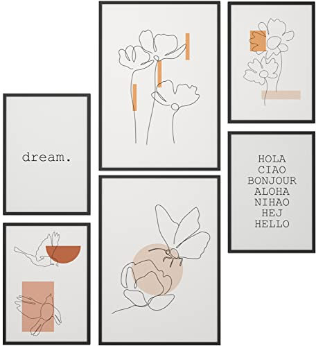 Papierschmiede® Mood Poster Set Frühling Abstrakt, Fertiges Bilder Set mit Rahmen (Holz, schwarz), Wohnzimmer Deko Schlafzimmer, 2x DIN A3 und 4x DIN A4, Formen Linien Wall Art Orange
