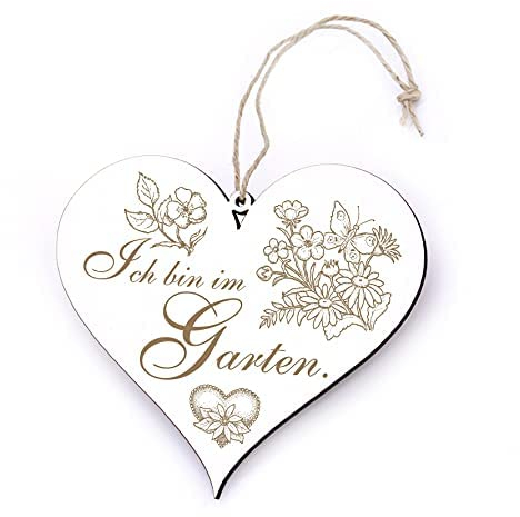 Schild Herz mit Spruch graviert WIR SIND IM GARTEN Türschild zum Anhängen 13x12 cm | Dekolando Home Accessoires (Ich bin im Garten)