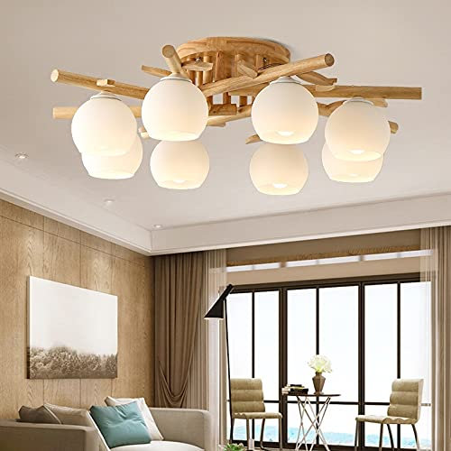 Lampe plafond Bois Massif E27 Couleur Bois Plafonnier Créatif Intérieur Salon Lampe Abat-Jour En Verre Pays Style Pastoral Lustre Salle À Manger Chambre Cuisine Bar Table À Manger Éclairage,8 heads