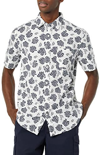Amazon Essentials Men's Short-Sleeve Stretch Poplin Shirt (Available in Big & Tall), Navy White Palm Leaf, XS