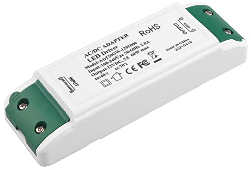Elezenioc LED Trafo 12V Netzteil 60W 5A Treiber Transformator,kein Flimmern, kein Transformator-Rauschen Für MR11 G4 MR16 GU5.3 Lampe Lich Birnen Lichtstreifent(Nicht Dimmbar)