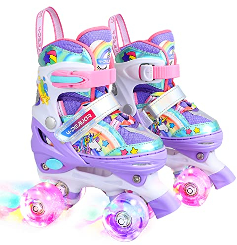 Kinder Einhorn Rollschuhe für Mädchen.Geeignet für 6-12 Jahre alt.Mit Leuchtenden Rädern,4-Pejiijar Verstellbar Anfänger Quad Roller Skates für Weihnachts und Geburtstags Geschenke