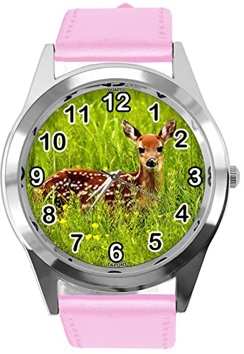 TAPORT Babyrosa Leder runde Uhr für Hirsch-Fans