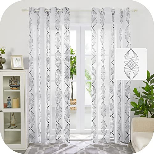 Deconovo Voile Vorhang Leinenoptik Ösenvorhang Transparent Dekoschal mit Stickerei Blatt, 260x140 cm(HöhexBreite), Leinen, 2er Set