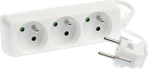 EUR'OHM Blocs multiprises 3 prises 2P+T 16A - H05VV-F 3G1,0mm² - 1 mètre - Blanc sans interrupteur - Interrupteur et prise