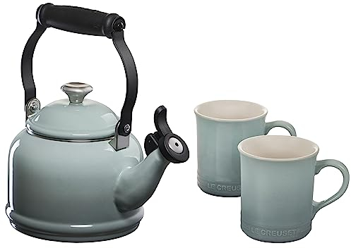 Le Creuset Enamel On Steel Demi Kettle with Metal Finishes & Stoneware Set of 2 Mugs, 1.25 qt. Kettle & (2) 14 oz. Mugs, Sea Salt