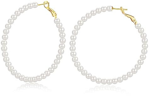 Perlenohrringe Creolen gold Ohrringe Perlen für Damen Frauen Mädchen Ohrringe Hochzeit Brautjungfe 50mm