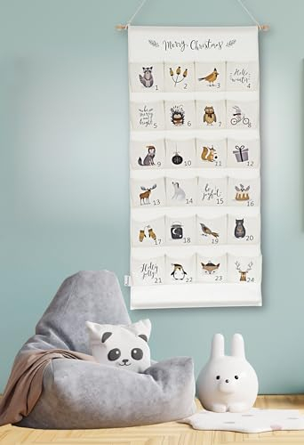 Adventskalender zum Befüllen, Kinder, Stoff, Alternative zu Tüten, groß xxl, Holz, Idee für Weihnachten 2025, hängend, Wandkalender, Wandteppich, wiederverwendbar, für Mädchen Jungs [Weiß]