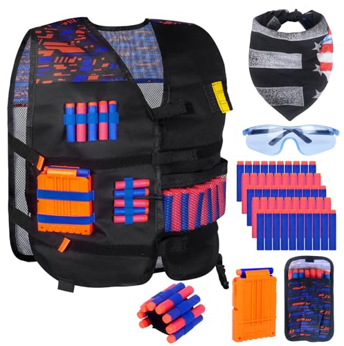 Tactical Vest Kinder Nerf Weste Set for Nerf N Strike Elite Series, Nerf Zubehör mit Magazine Clips Quick Recharge, Bullets Darts Recharge, Wrist Bands, Schutzbrillen, Halstuch für Jungen Mädchen
