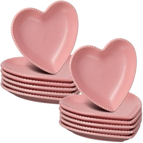 Meanplan 12 piatti in ceramica a forma di cuore, per insalata, 17 cm, per laurea, cena a forma di cuore, piatti da portata per dessert, eleganti, per cucina, bistecca e snack (rosa)
