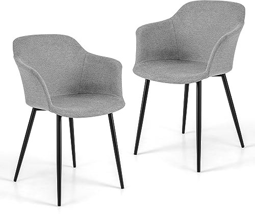 COSTWAY Esszimmerstühle 2er Set, Küchenstühle mit ergonomischer Rückenlehne & breiter Armlehne, Polsterstuhl für Wohnzimmer, Esszimmer, Küche (Hellgrau)