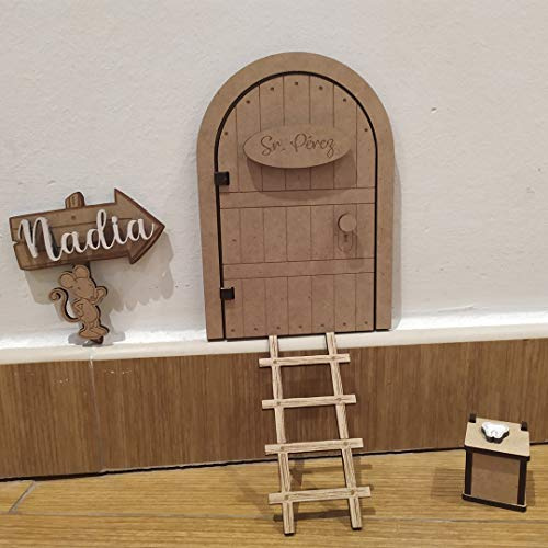 Genérico Puerta Ratoncito Pérez de Madera Personalizada con Nombre | Se Abre, Casita Caja Dientes, Puerta Mágica, Certificado de Entrega Dientes